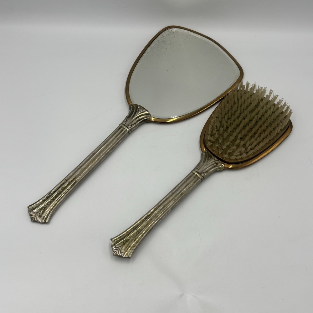 Vintage Victorian Style Vanity‎ Hand Mirror And Brush Set Silver and Gold Tone